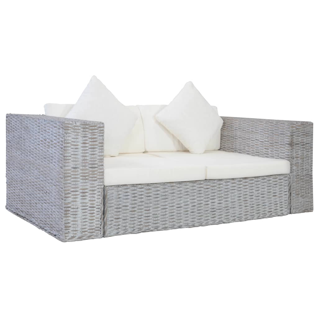 2-местен диван с възглавници, сив, естествен ратан