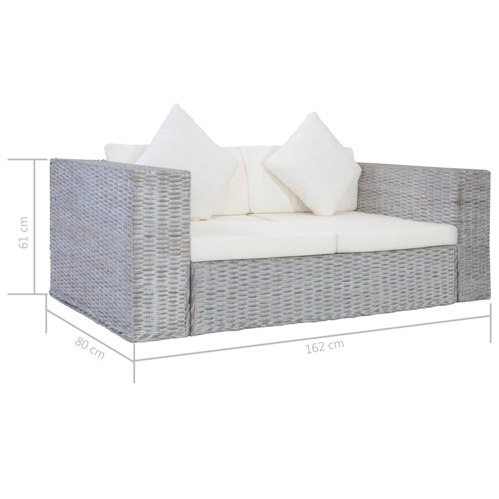2-местен диван с възглавници, сив, естествен ратан