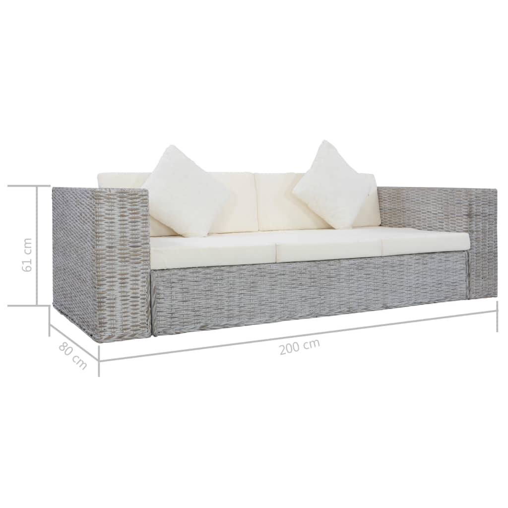 3-местен диван с възглавници, сив, естествен ратан