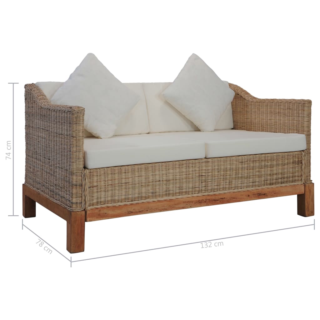 2-местен диван с възглавници, естествен цвят, ратан