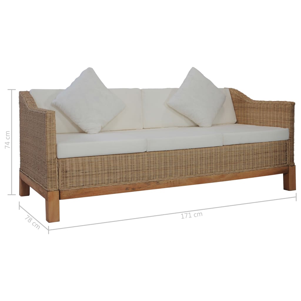 3-местен диван с възглавници, естествен цвят, ратан