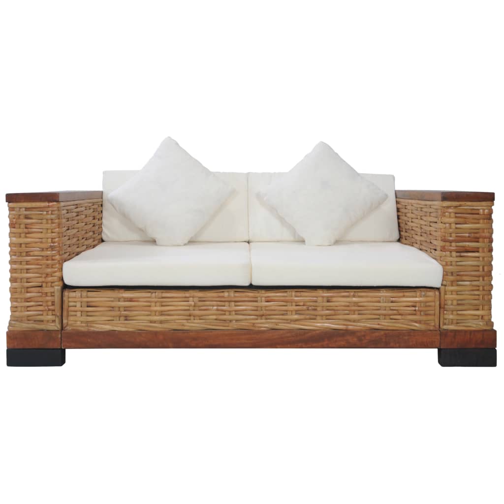 2-местен диван с възглавници, кафяв, естествен ратан