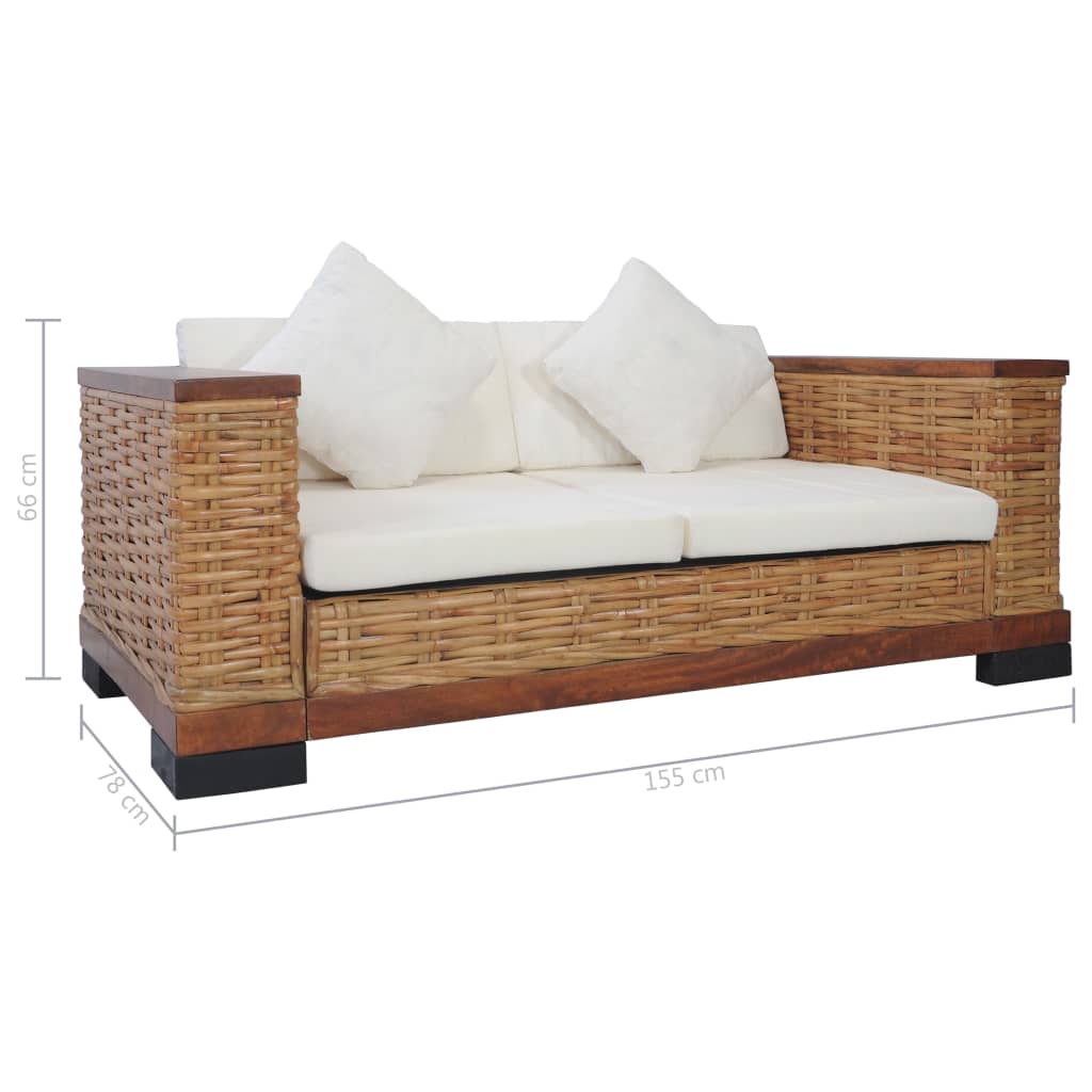 2-местен диван с възглавници, кафяв, естествен ратан