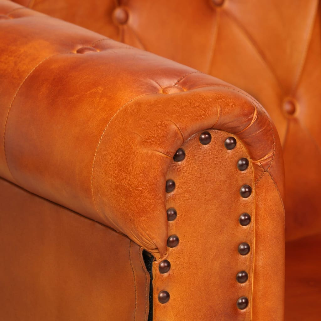 2-местен Честърфийлд диван, жълтокафяв, естествена кожа