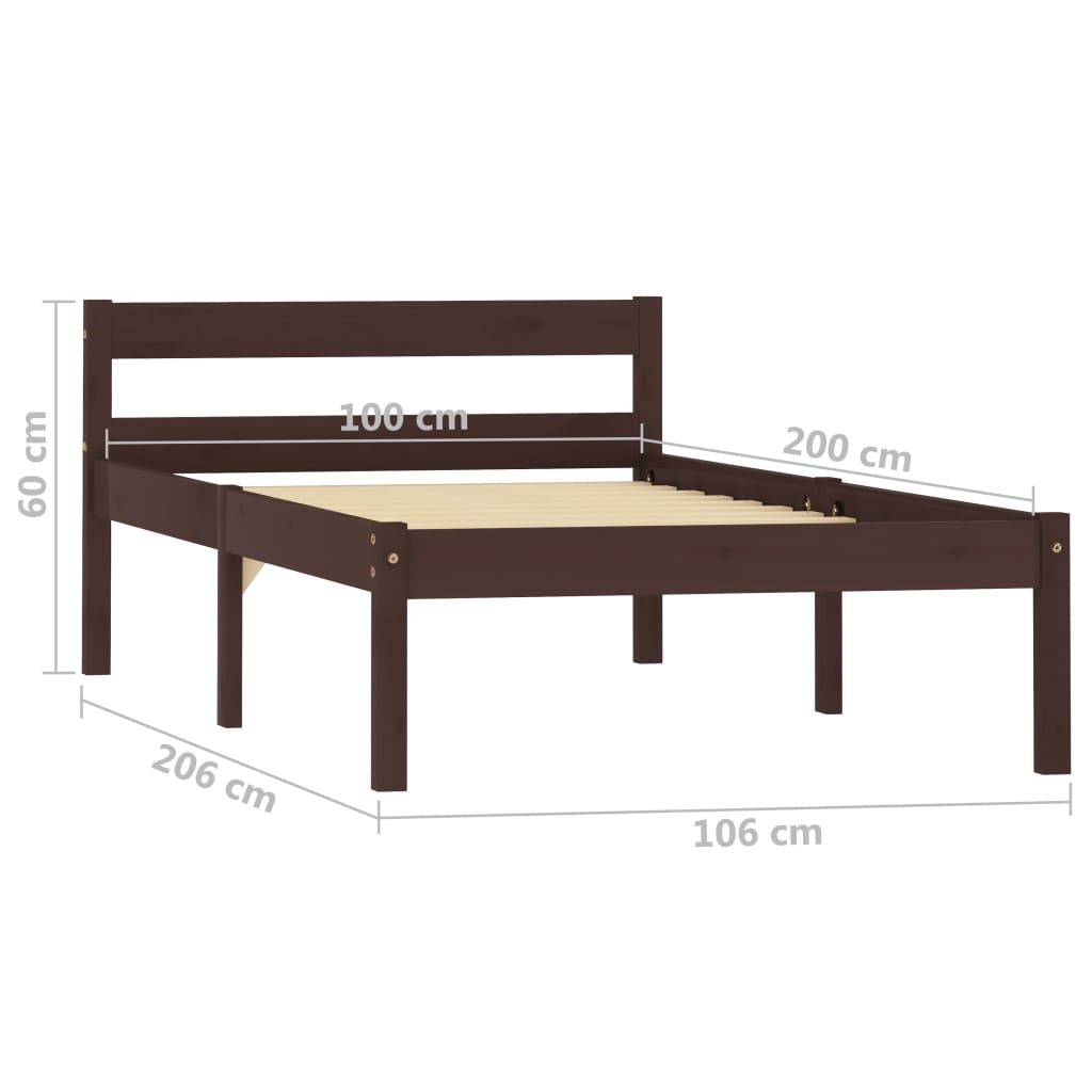 Рамка за легло, тъмнокафява, бор масив, 100x200 см