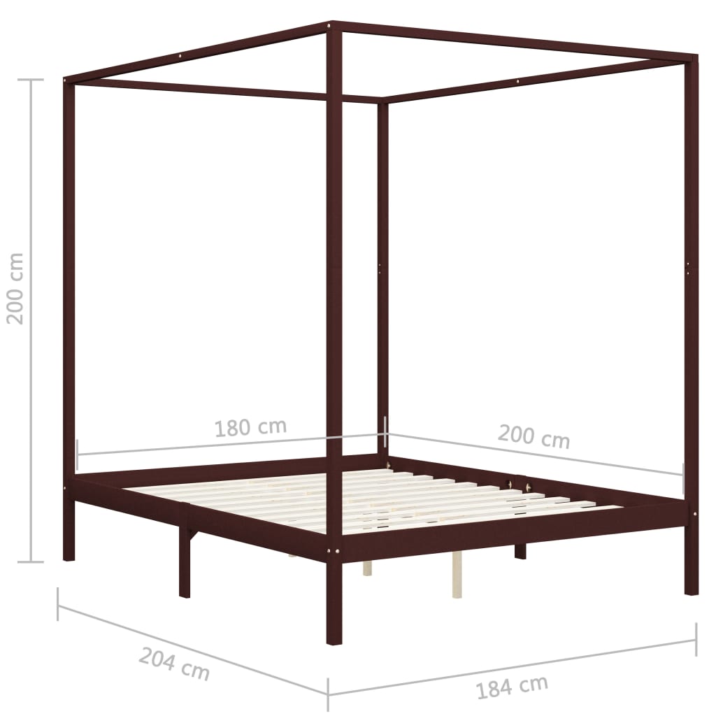 Рамка за легло с балдахин, тъмнокафява, бор масив, 180x200 см