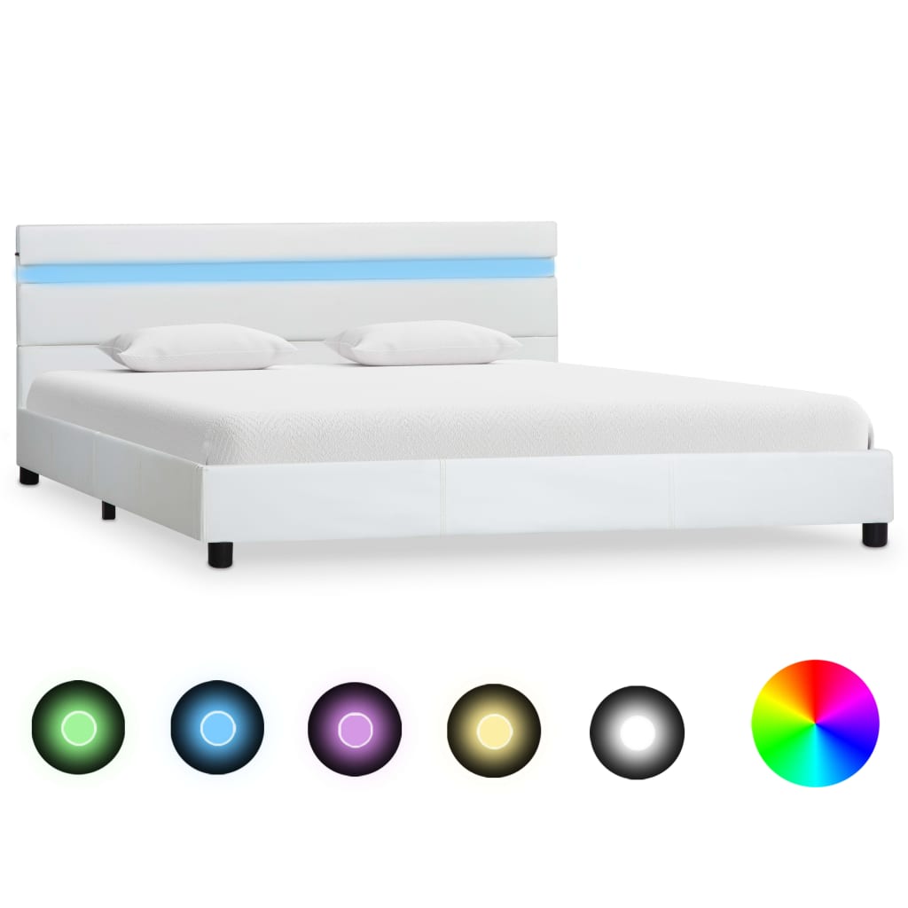 Рамка за легло с LED, бяла, изкуствена кожа, 140x200 cм