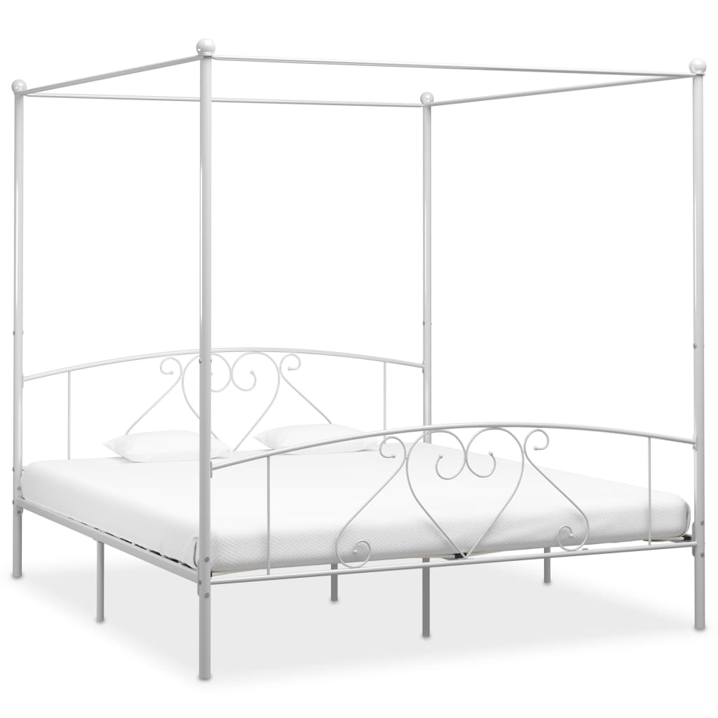Рамка за легло с балдахин, бяла, метал, 180x200 cм 