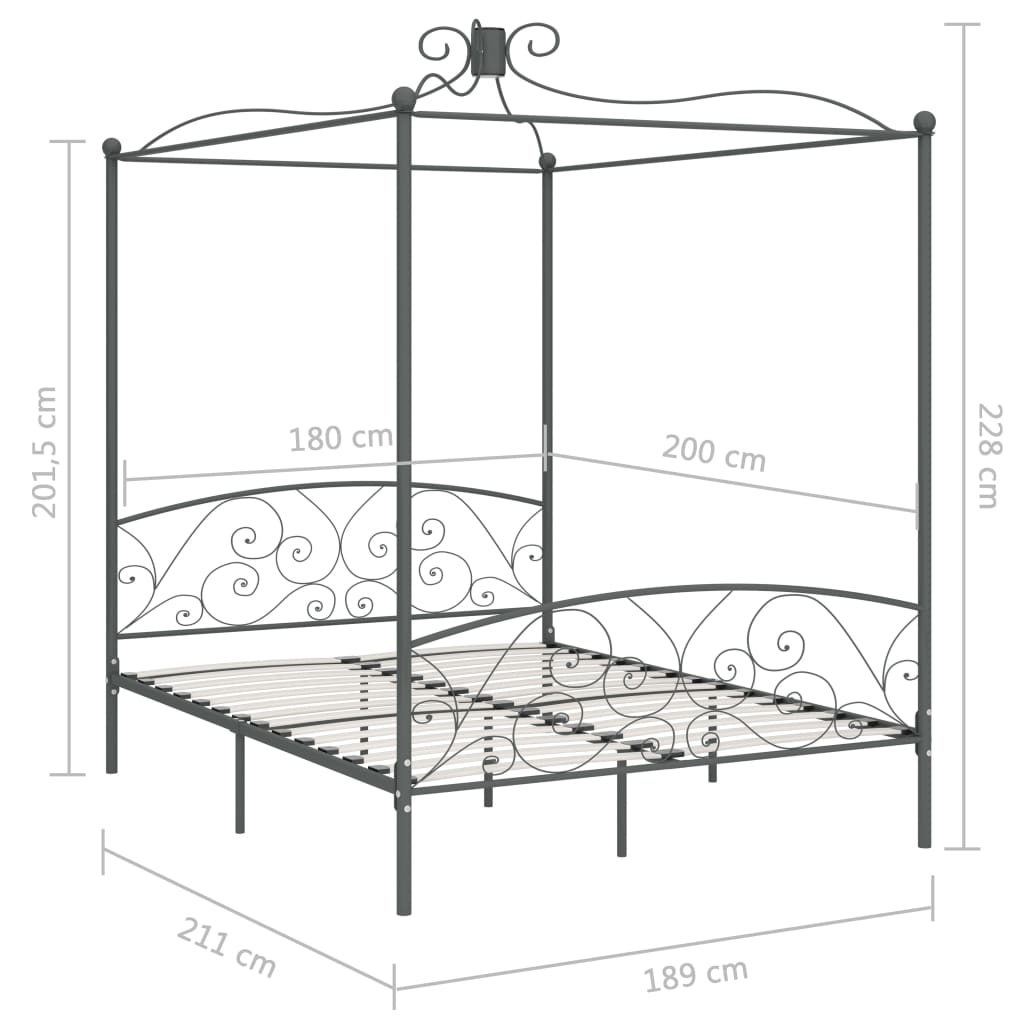 Рамка за легло с балдахин, сива, метал, 180x200 см