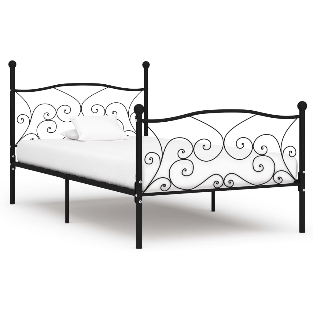 Рамка за легло с ламелна основа, черна, метал, 90x200 см