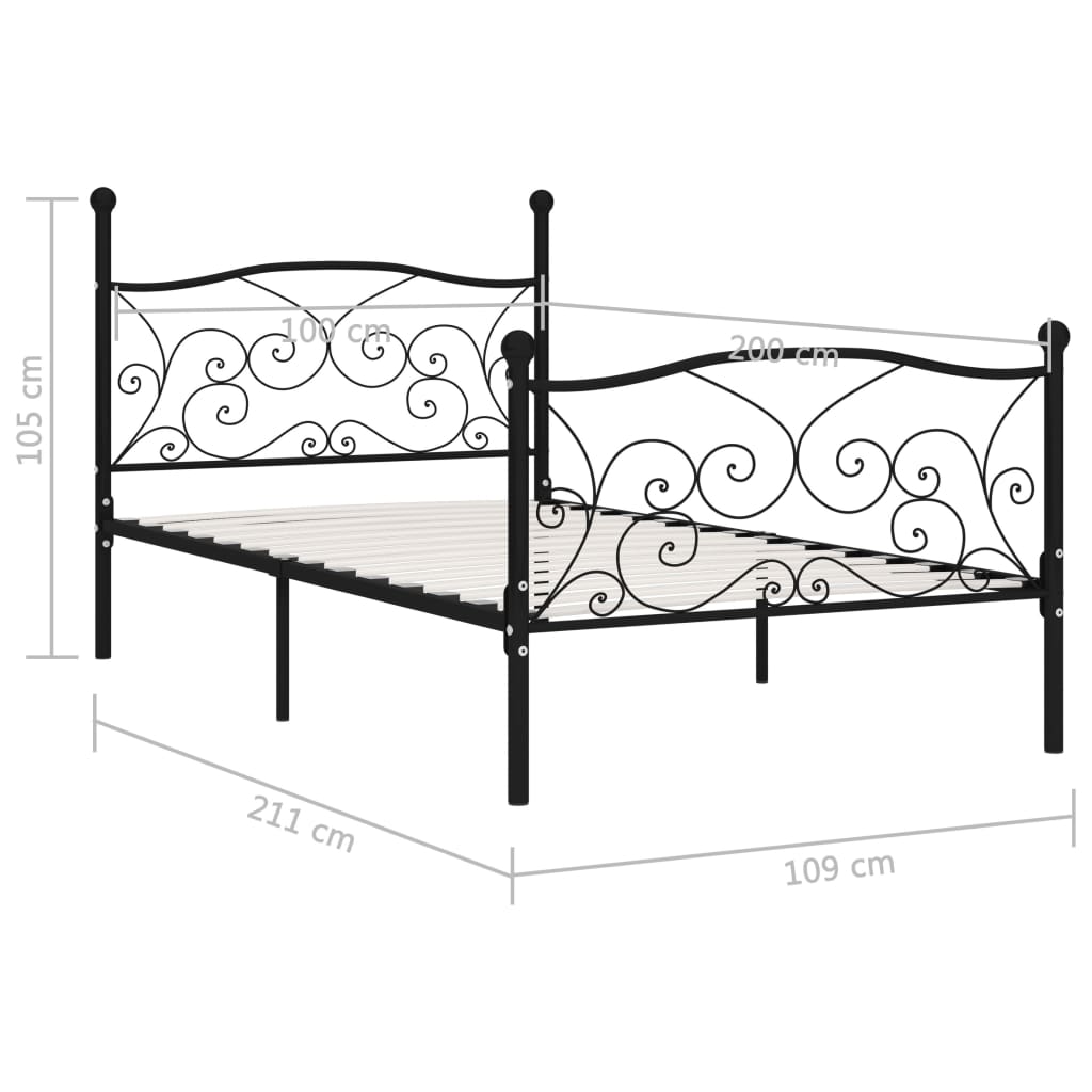 Рамка за легло с ламелна основа, черна, метал, 100x200 см