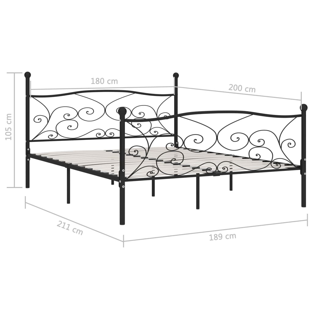 Рамка за легло с ламелна основа, черна, метал, 180x200 см