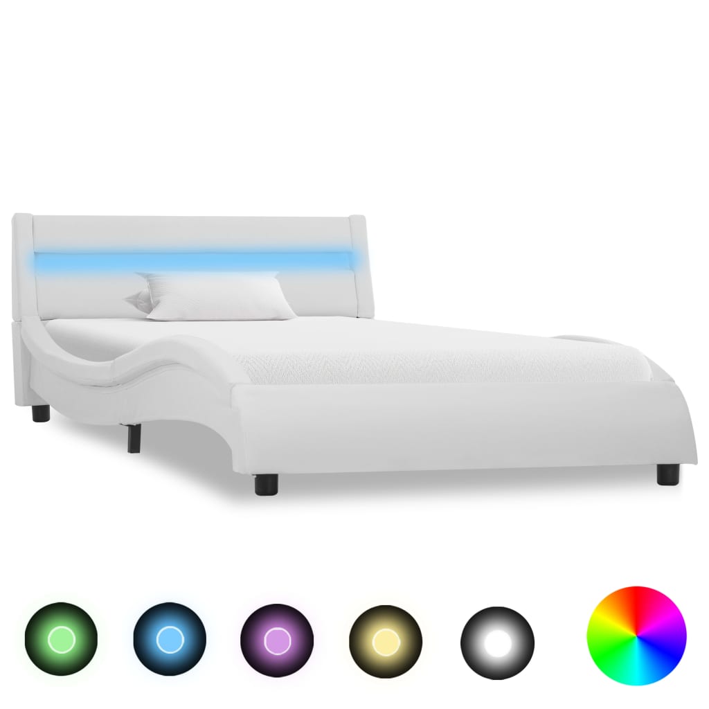 Рамка за легло с LED, бяла, изкуствена кожа, 100x200 cм   
