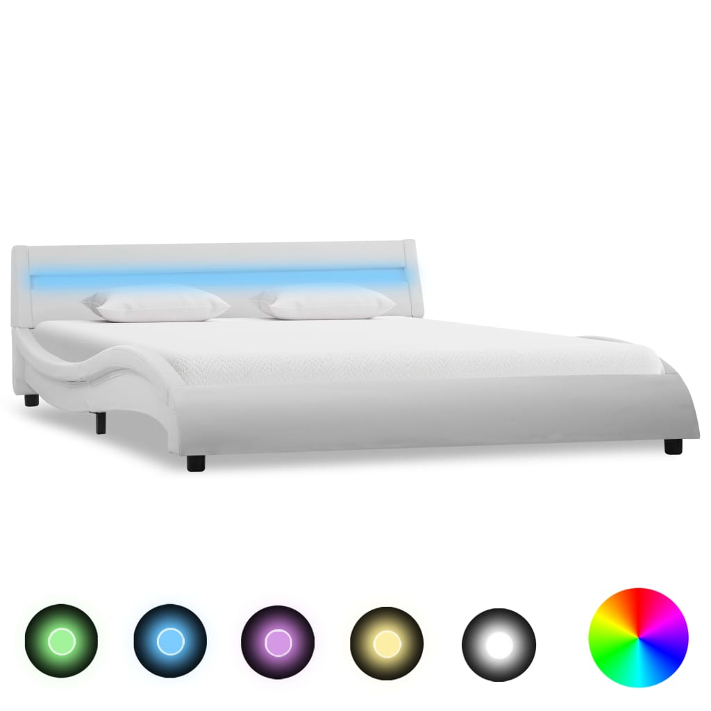 Рамка за легло с LED, бяла, изкуствена кожа, 160x200 cм   
