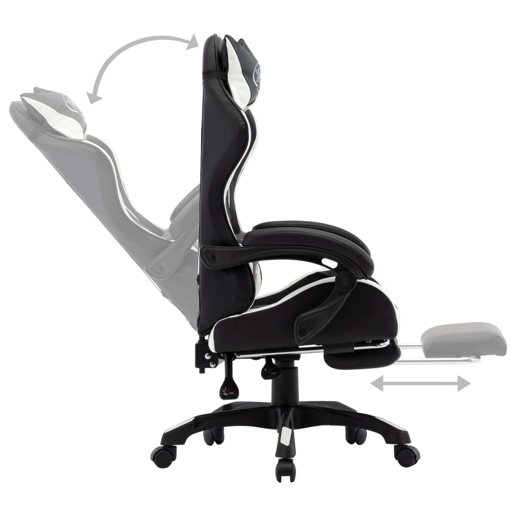 Геймърски стол с подложка за крака бяло/черно изкуствена кожа