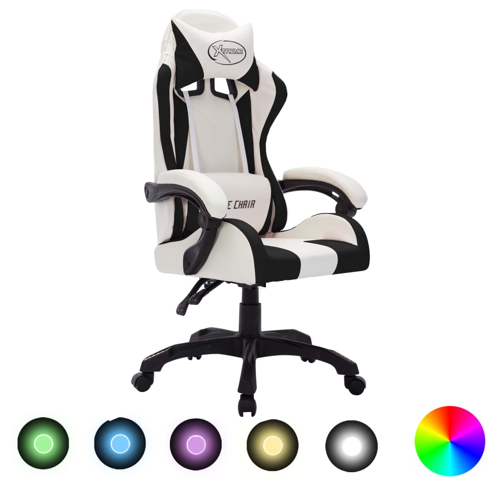 Геймърски стол RGB LED осветление бяло/черно изкуствена кожа