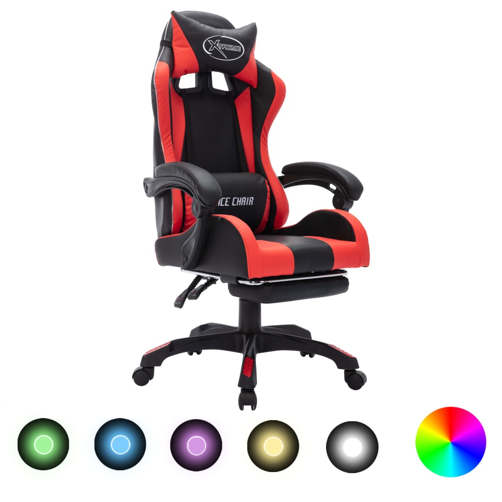 Геймърски стол RGB LED осветление червено/черно изкуствена кожа