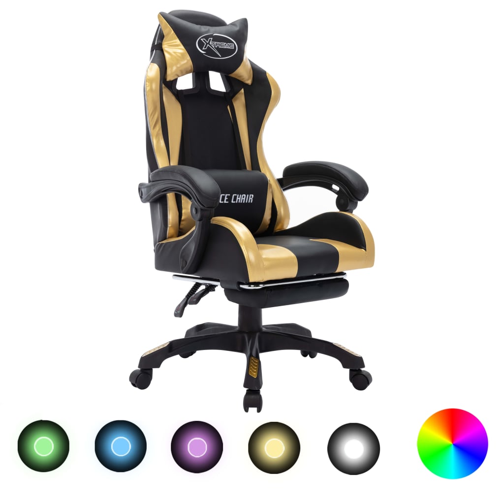 Геймърски стол RGB LED златисто/черно изкуствена кожа