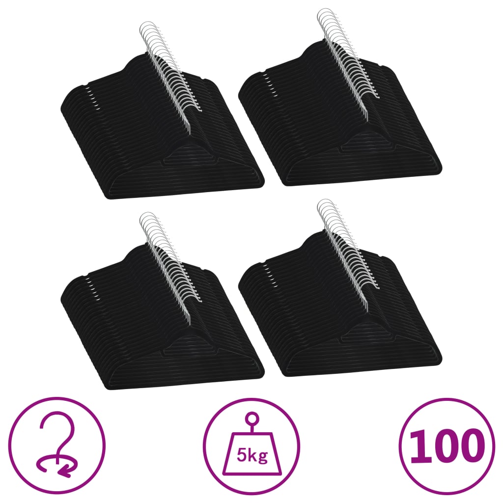 100 бр Комплект закачалки за дрехи антиплъзгащи черно кадифе