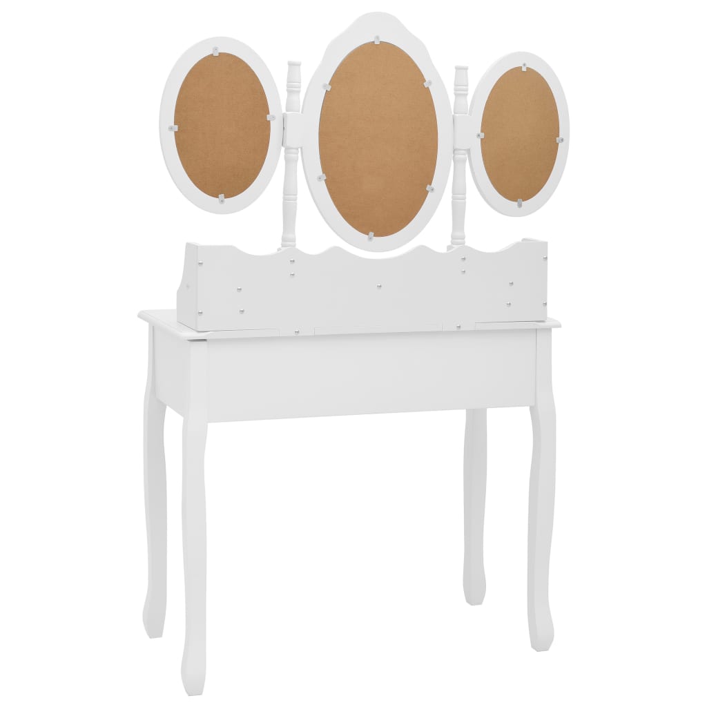 Тоалетка с табуретка и тройно сгъваемо огледало, бяла 