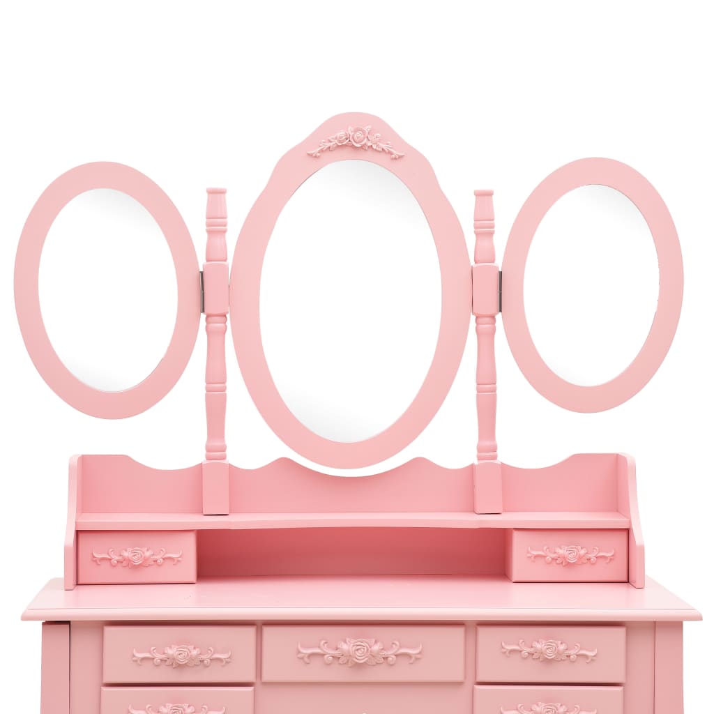 Тоалетка с табуретка и тройно сгъваемо огледало, розова