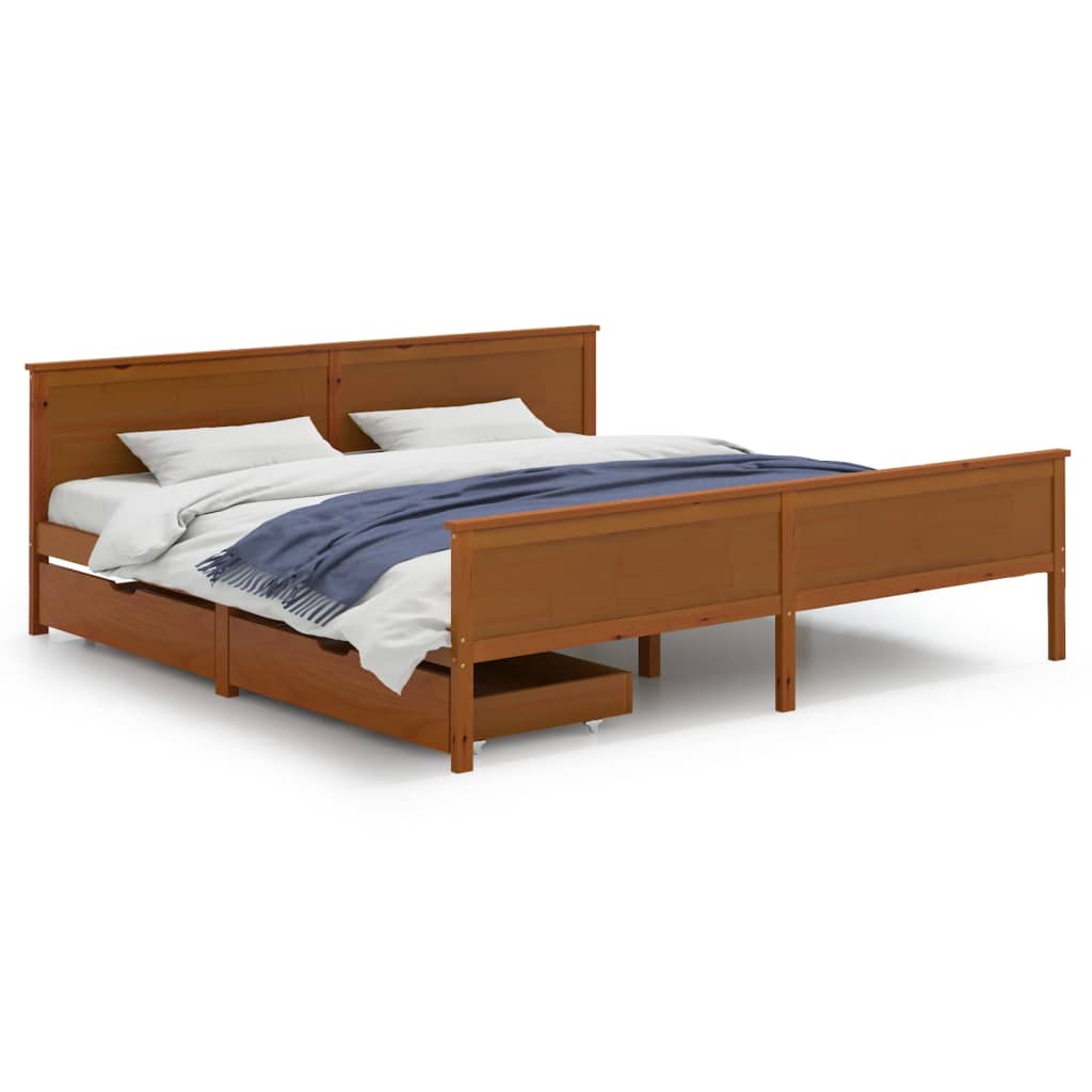 Рамка за легло с 2 чекмеджета меденокафява бор масив 180x200 см