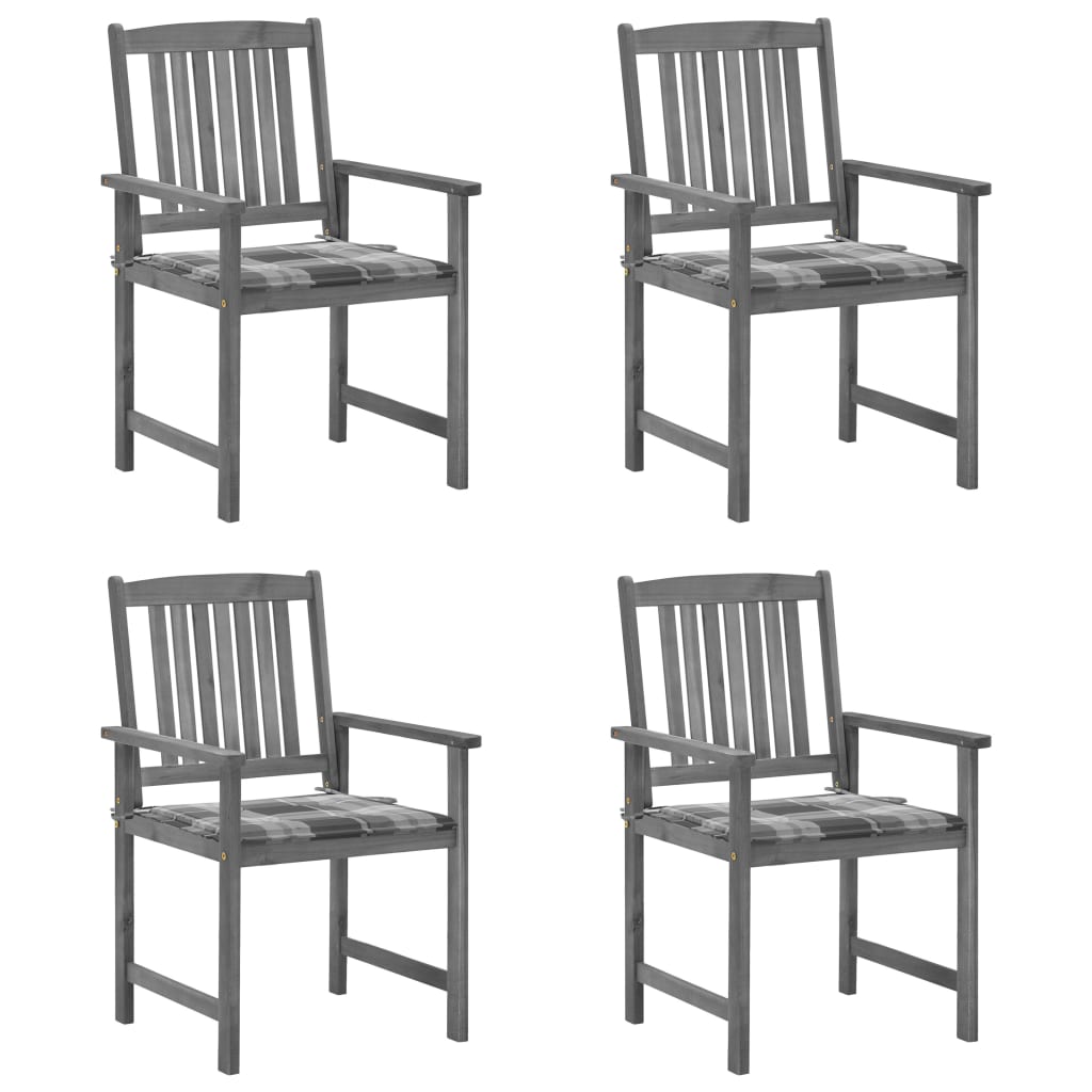 Градински столове с възглавници, 4 бр, сиви, акация масив