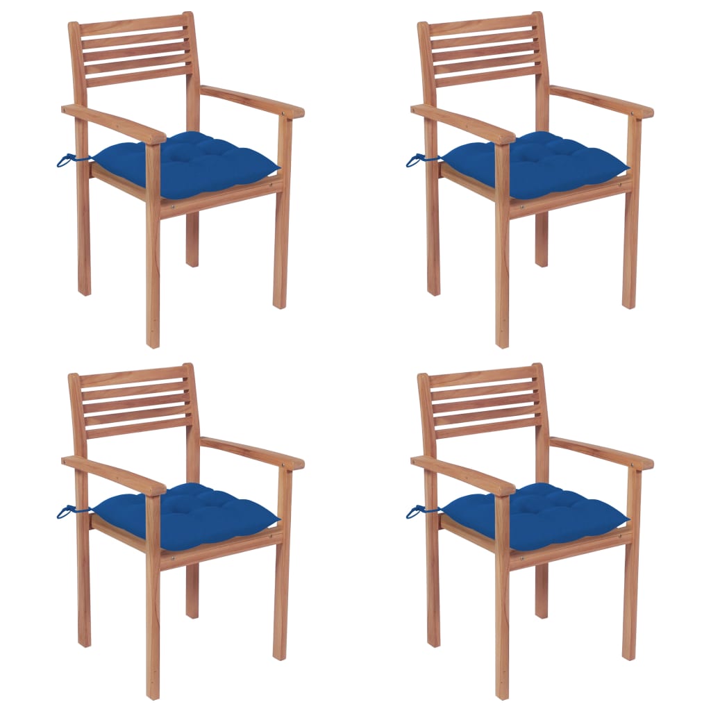 Градински столове, 4 бр, сини възглавници, тиково дърво масив
