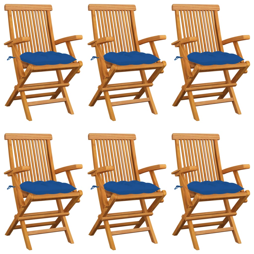 Градински столове със сини възглавници 6 бр тиково дърво масив