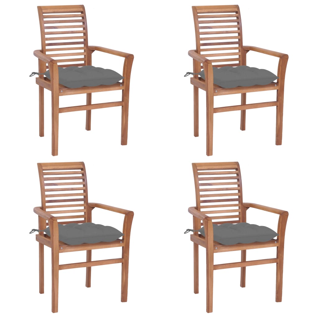 Трапезни столове, 4 бр, със сиви възглавници, тик масив