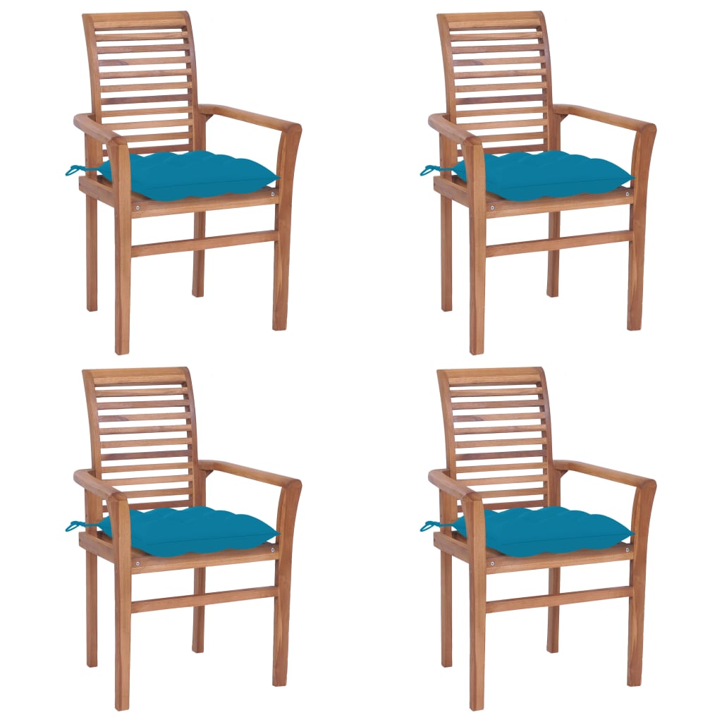 Трапезни столове, 4 бр, със светлосини възглавници, тик масив