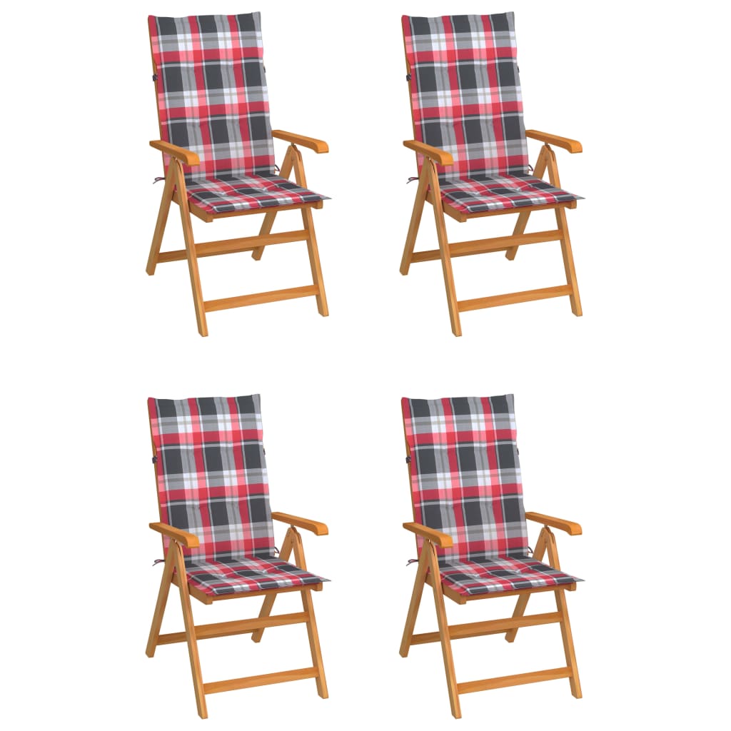 Градински столове, 4 бр, възглавници на червено каре, тик масив