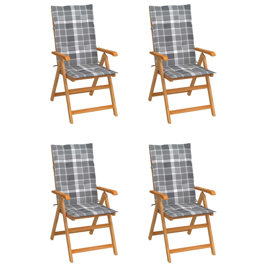 Градински столове, 4 бр, възглавници на сиво каре, тик масив