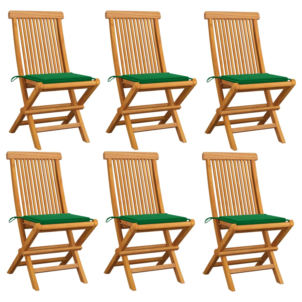 Градински столове със зелени възглавници 6 бр тик масив