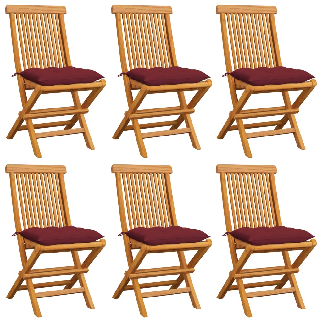 Градински столове с виненочервени възглавници 6 бр тик масив
