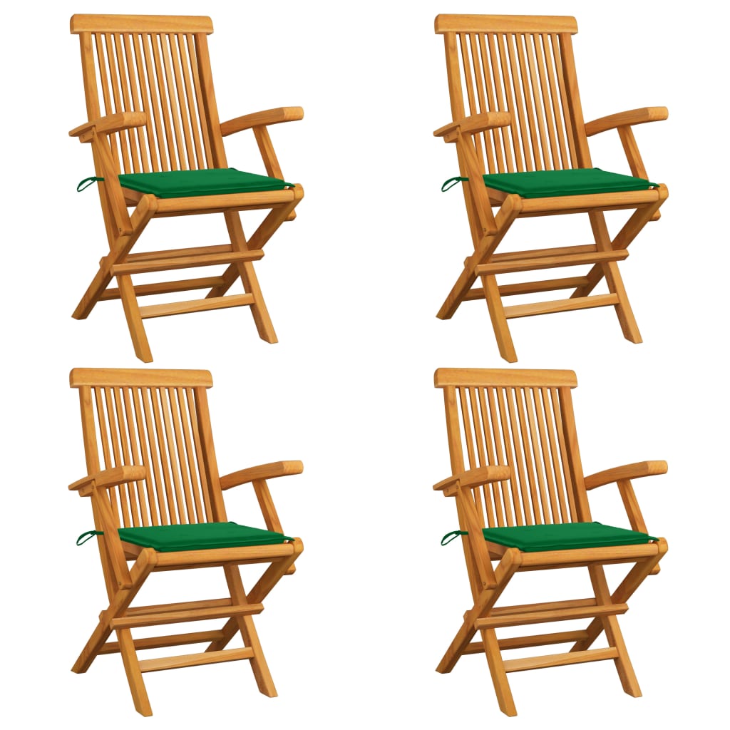 Градински столове със зелени възглавници 4 бр тик масив