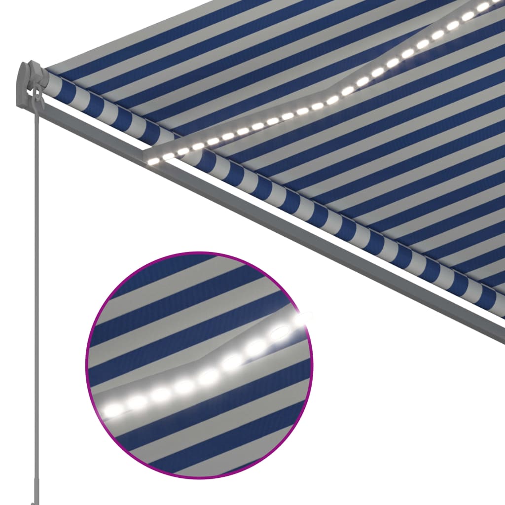 Ръчно прибиращ се сенник с LED, 300x250 см, синьо и бяло