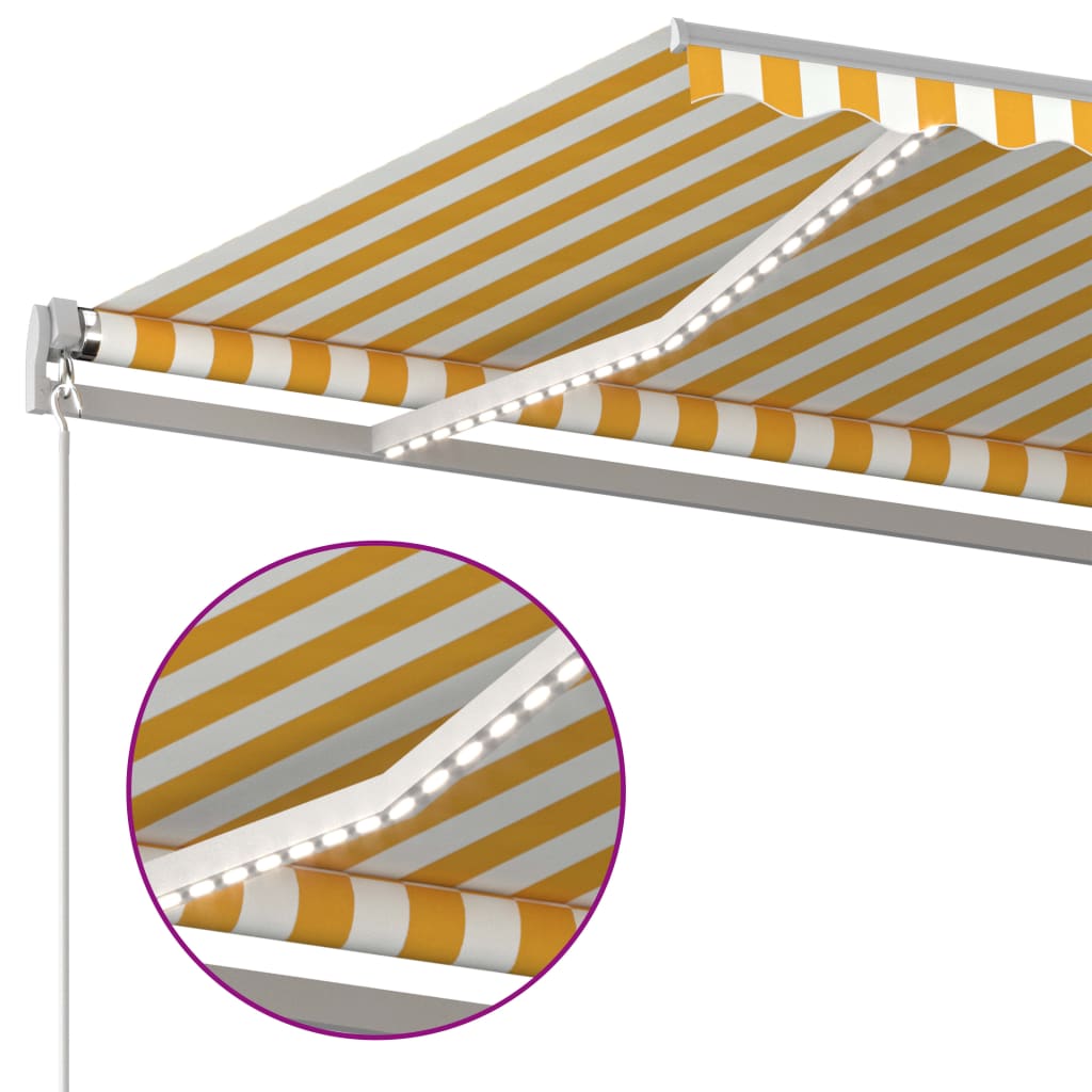 Ръчно прибиращ се сенник с LED, 400x350 см, жълто и бяло