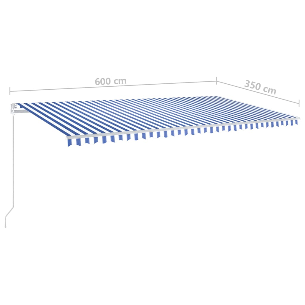 Ръчно прибиращ се сенник с LED, 600x350 см, синьо и бяло