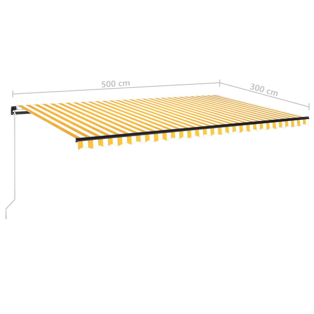 Ръчно прибиращ се сенник с LED, 500x300 см, жълто и бяло