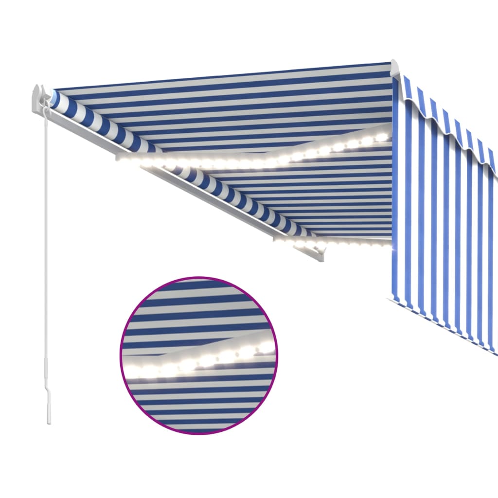 Ръчно прибиращ се сенник с щора и LED, 3x2,5 м, синьо и бяло  