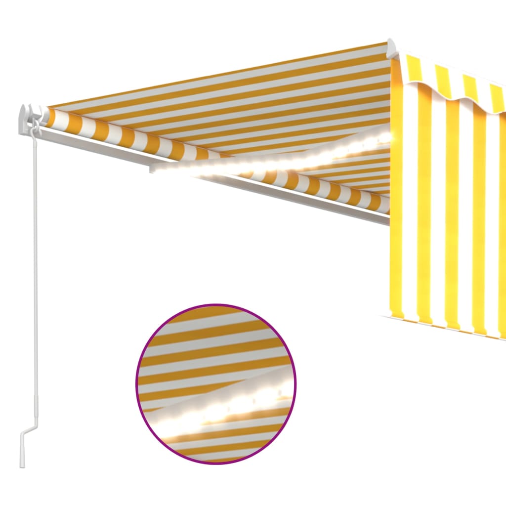 Ръчно прибиращ се сенник с щора и LED, 4x3 м, жълто и бяло