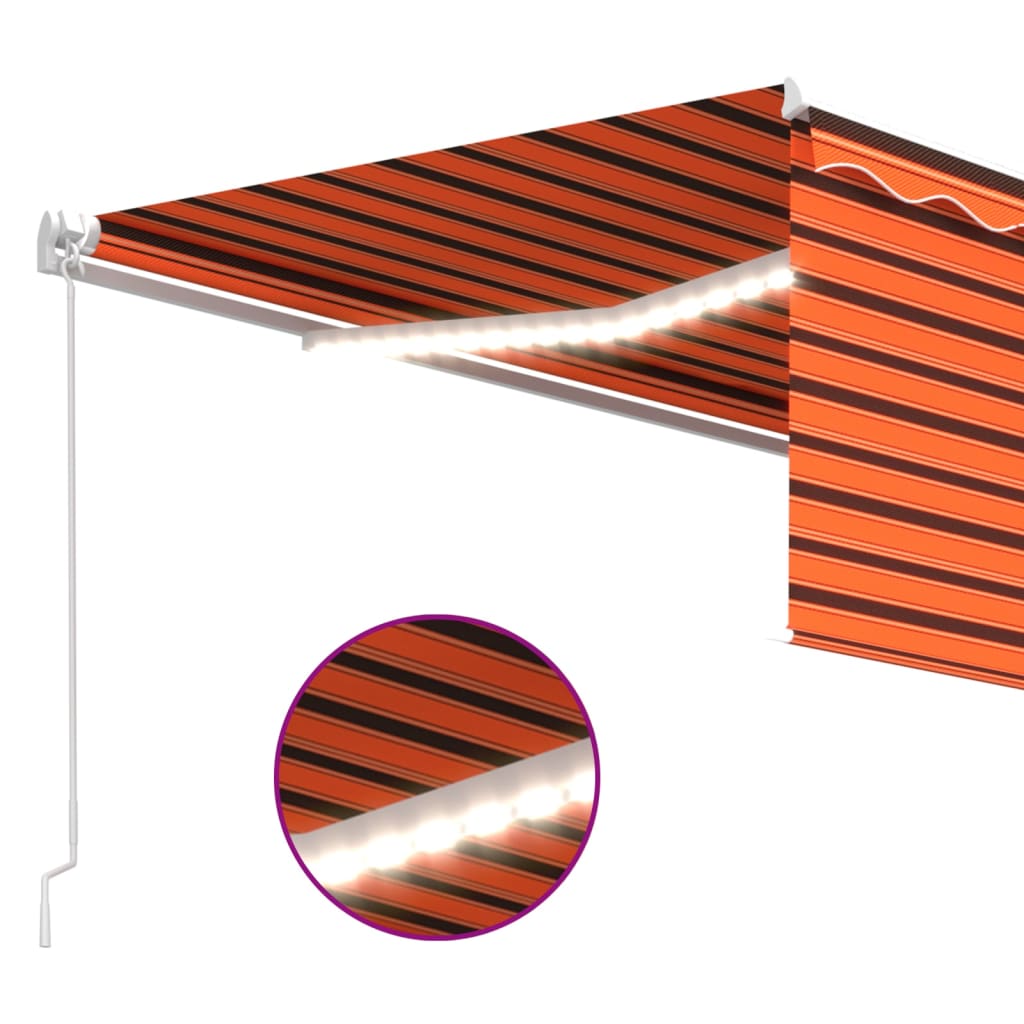 Ръчно прибиращ се сенник с щора и LED, 4x3 м, оранжево-кафяв