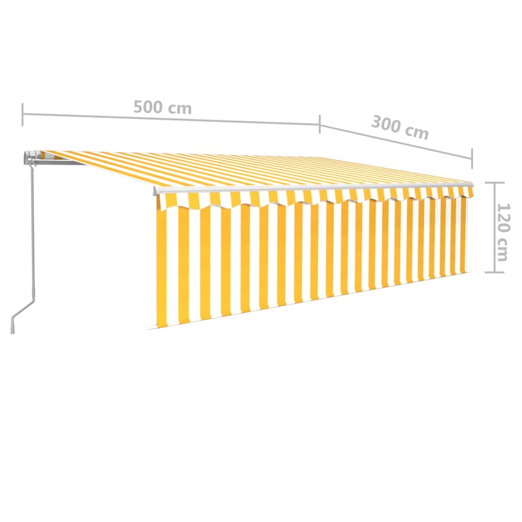 Ръчно прибиращ се сенник с щора, 5x3 м, жълто и бяло