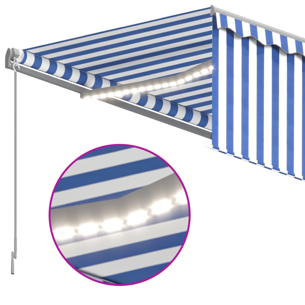 Ръчно прибиращ се сенник с щора и LED, 4x3 м, синьо и бяло