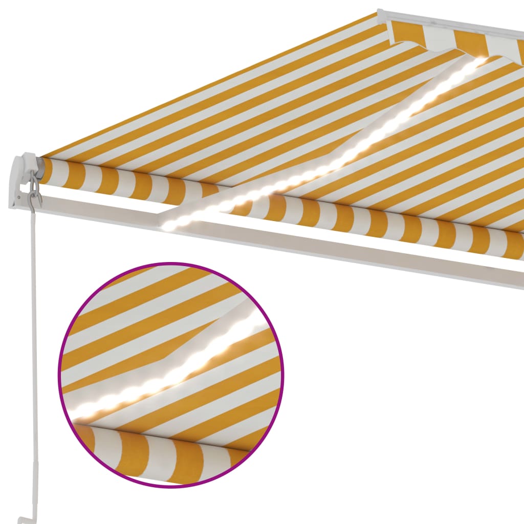 Ръчно прибиращ се сенник с LED, 300x250 см, жълто и бяло