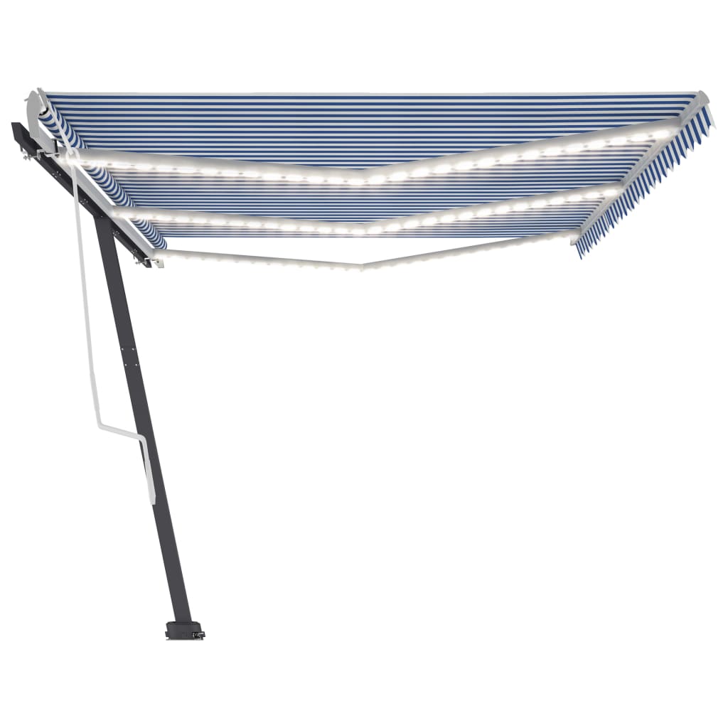 Ръчно прибиращ се сенник с LED, 600x300 см, синьо и бяло