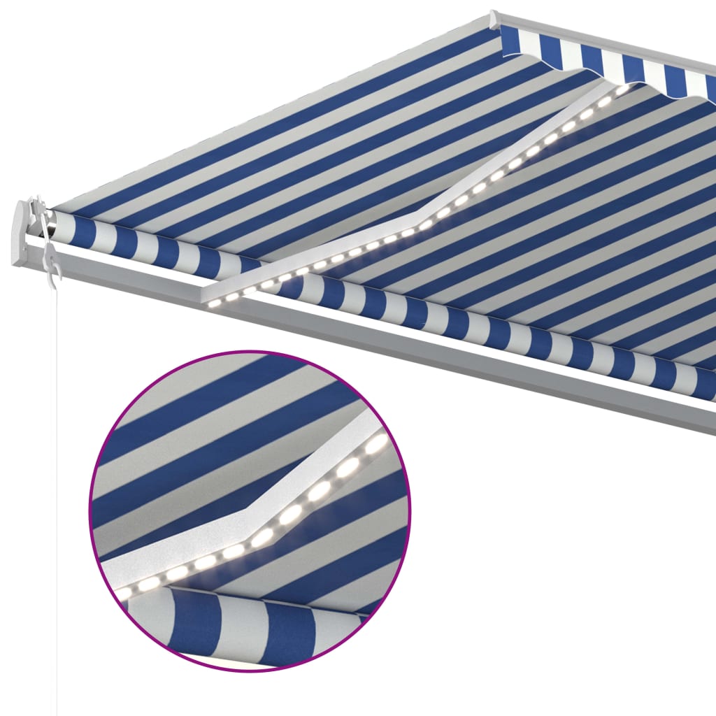 Ръчно прибиращ се сенник с LED, 500x350 см, синьо и бяло