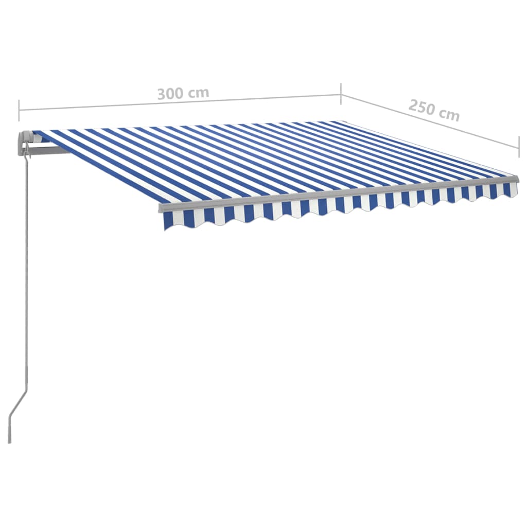 Автоматично прибиращ се сенник с прътове, 3x2,5 м, синьо и бяло
