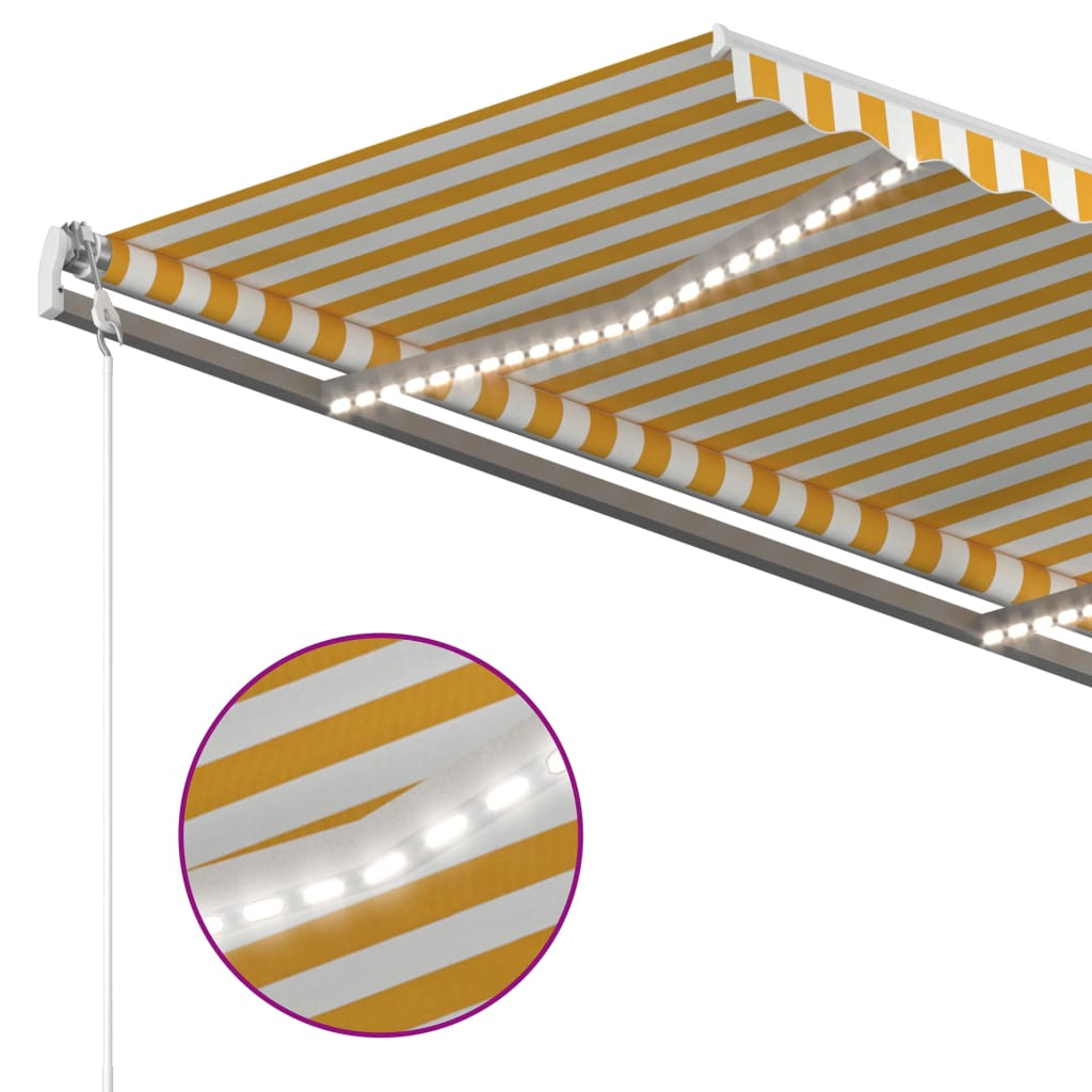 Ръчно прибиращ се сенник с LED, 4x3,5 м, жълто и бяло